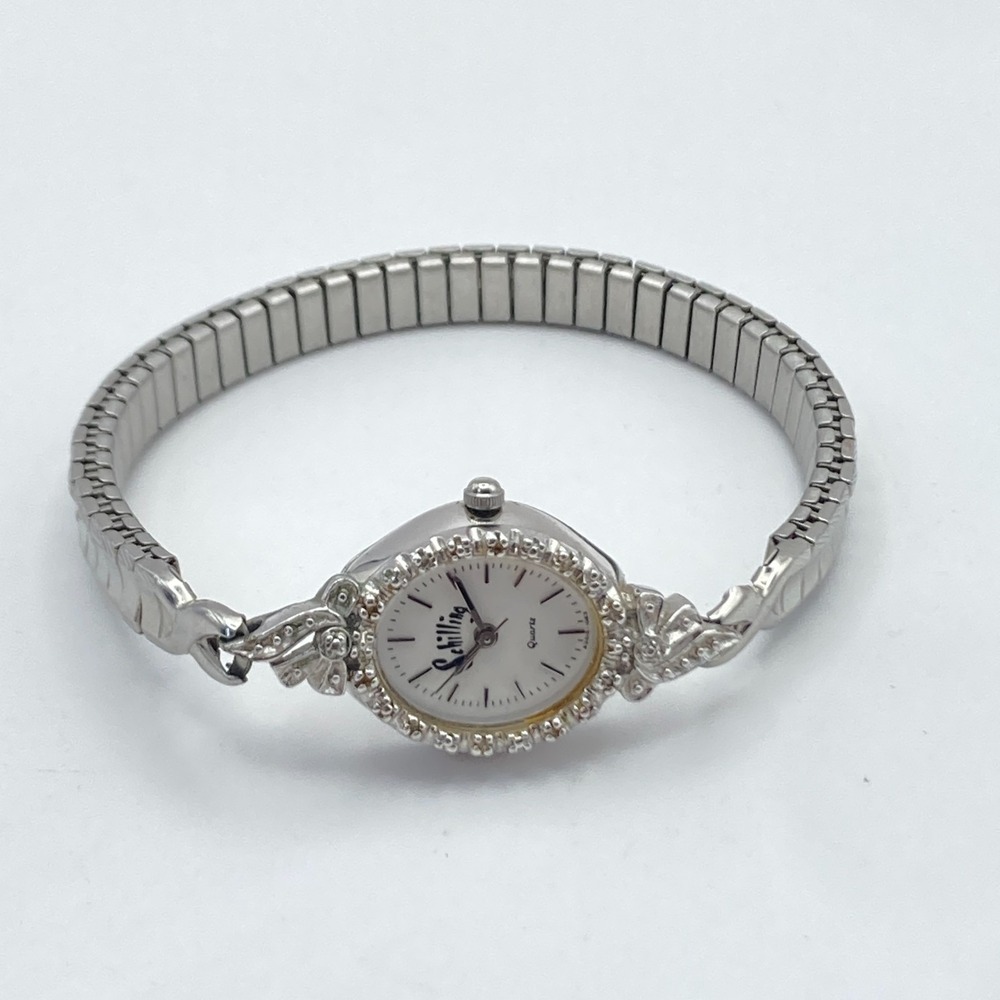 Vintage Inspired Womens Watch Silver Tone Crystals Stretch Band New Battery 6.75 - Picture 12 of 14